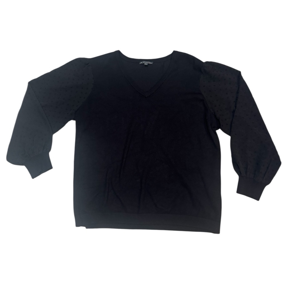 Adrianna Papell Black V-Neck Sweater 1X Plus | Sheer Swiss Dot Sleeve Dressy Top